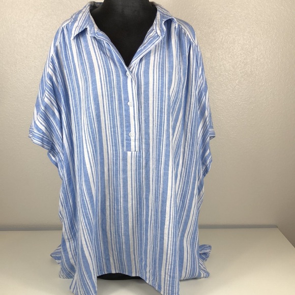 Lane Bryant Shirt Size 26 Linen Blend Striped Blue No Peek Collection - Picture 6 of 13